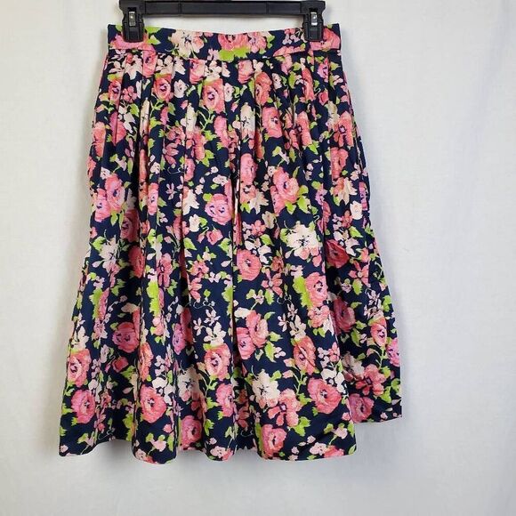 Brooks Brothers Women's Floral Pleated Midi Skirt Size 2 Navy Pink Green 100% Co - Picture 5 of 10